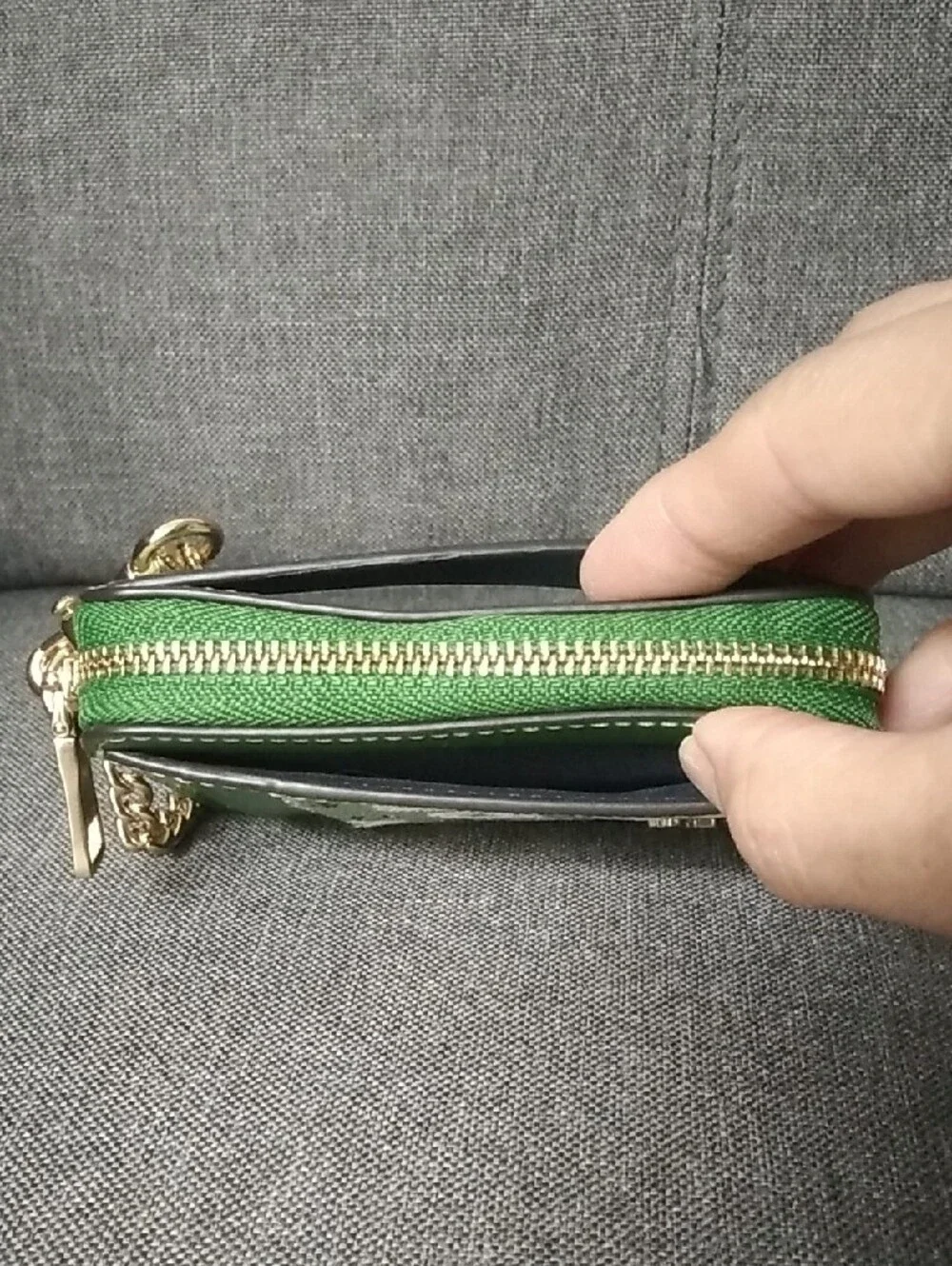 COACH Green Floral Zip Card Holder with Gold Chain Accent